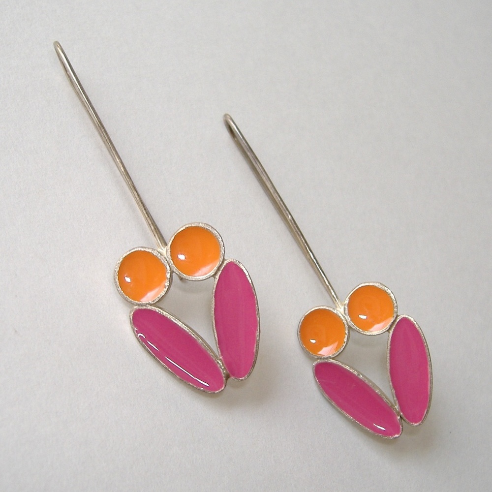 Orange Pink Enamel Silver Earrings Handcrafted Colorful Flower Pierced Gift New
